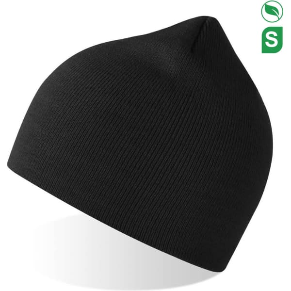 A black beanie made from recycled polyester, featuring a soft, ribbed texture and a logo.