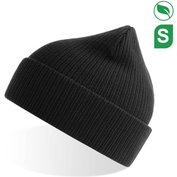 A black organic cotton beanie with a ribbed texture and a pointed top, featuring a logo.