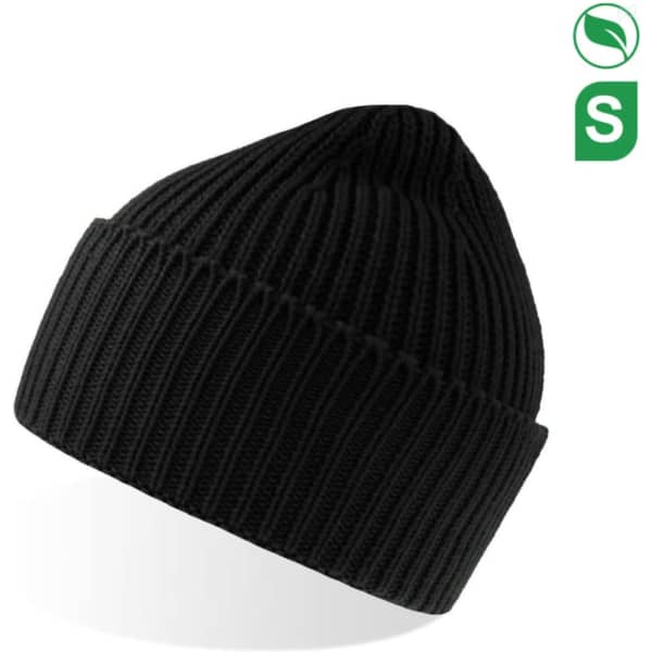 A black beanie with a ribbed texture and a small logo on the side.