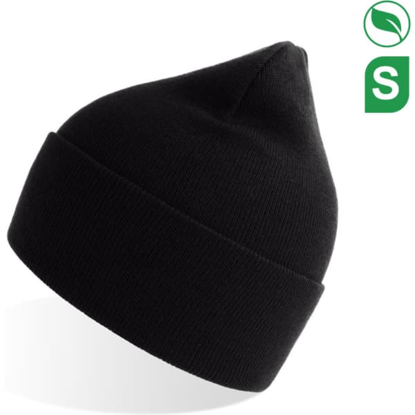 A black beanie with a folded cuff and a pointy top, featuring a logo.