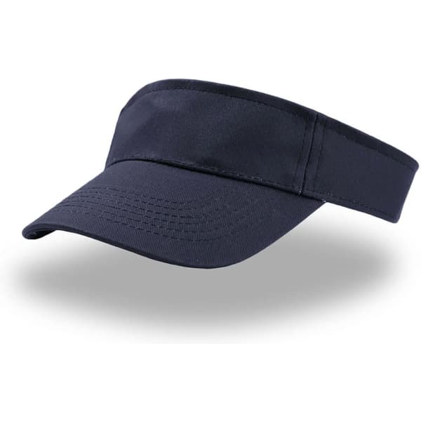 A navy blue visor featuring a wide brim and a comfortable band. Includes a logo on the front.