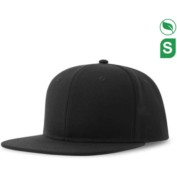 A black snapback cap made from recycled polyester, featuring a structured design with a flat brim and a logo.