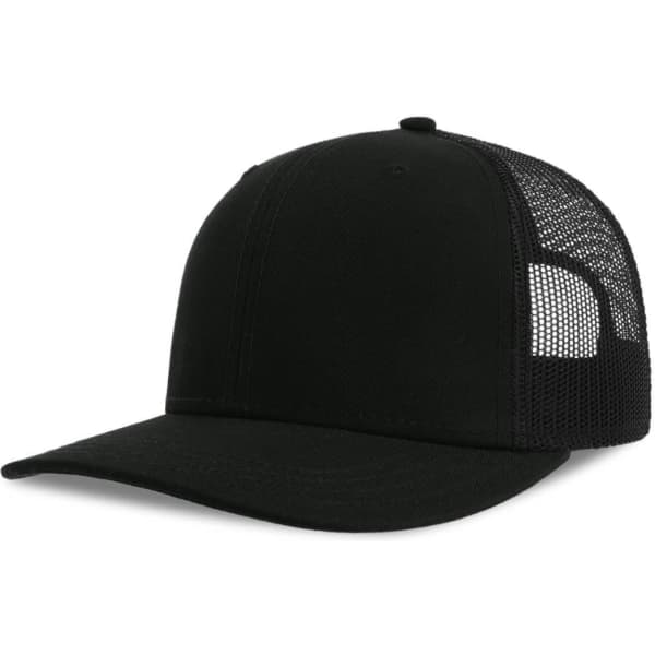 A black trucker cap featuring a mesh back and a solid front panel, with a logo on the front.