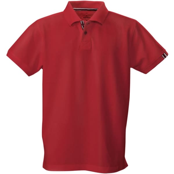 A red men's polo shirt featuring a collar and short sleeves, with a logo on the front.