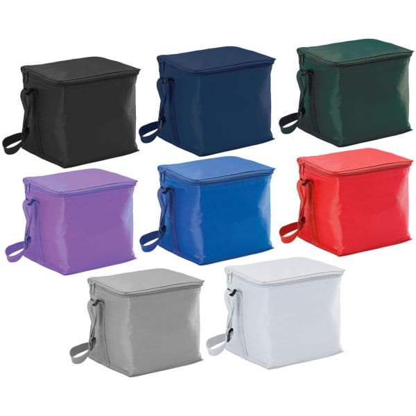 A small cooler bag displayed in various colours: black, navy, green, purple, blue, red, grey, and white. Each bag has a handle and a logo.