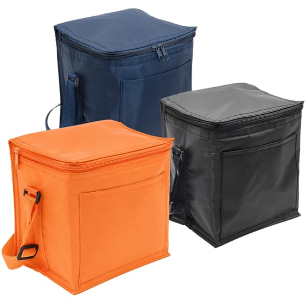 A small cooler bag in navy, orange, and black, featuring a front pocket and a carry handle.