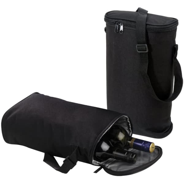 A black cooler bag with a zip closure, featuring a handle and containing several drink bottles inside.