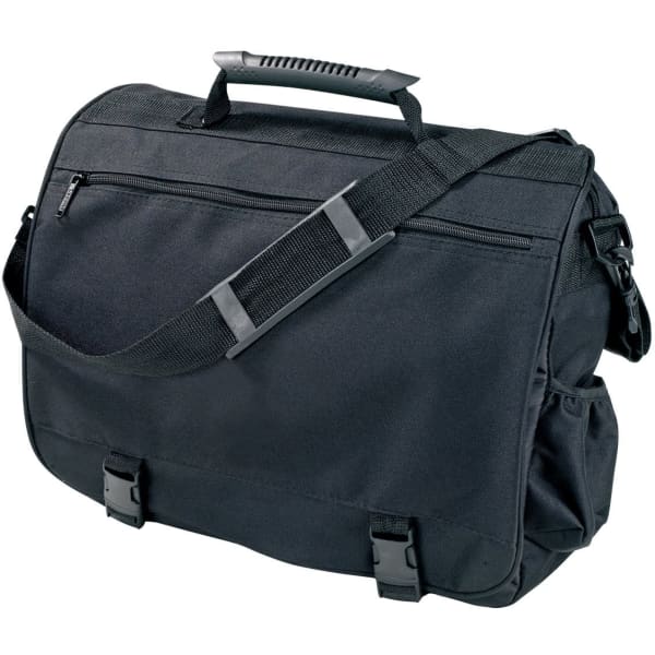 A black laptop briefcase with a shoulder strap, top handle, front zip pocket, and side compartments. It has a logo.