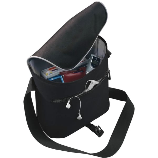 A black satchel with an open flap, revealing various items inside and a visible earphone cable.