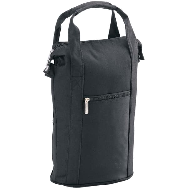 A black wine cooler bag with a zippered pocket and two handles for easy carrying.