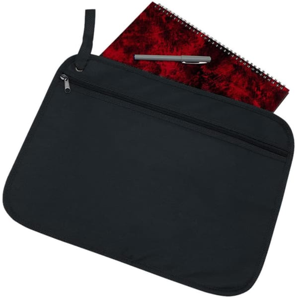 A black satchel containing a red notebook and a silver pen, with a zippered pocket and handle.