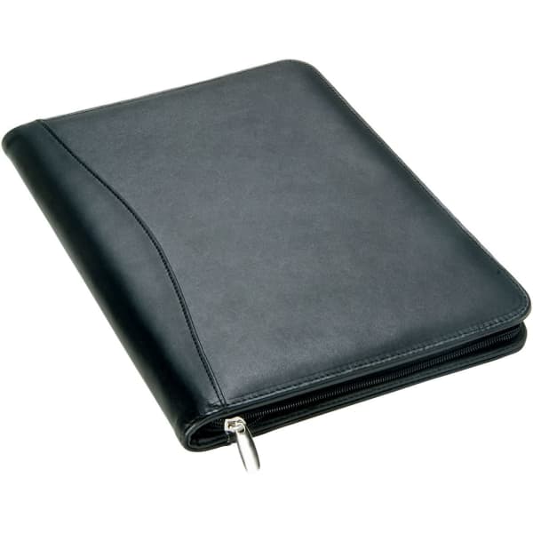 A black bonded leather A4 compendium with a zip closure, featuring a sleek design and a logo.
