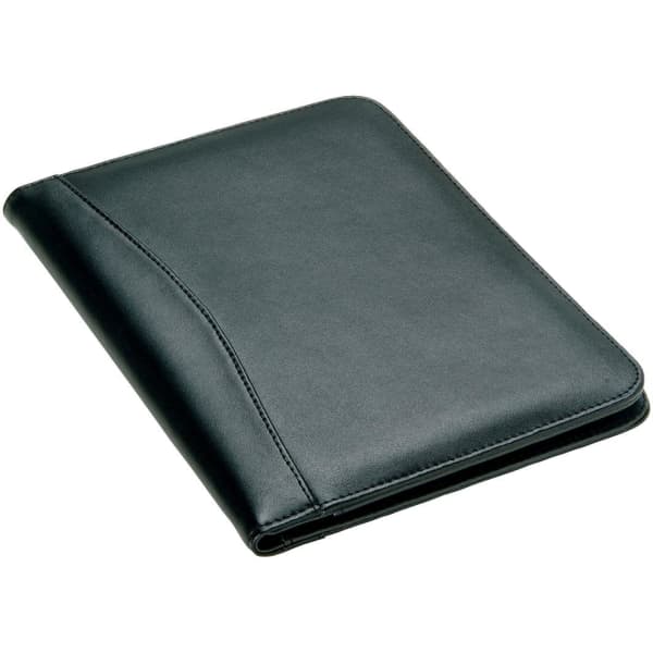 A black bonded leather A5 folder with a sleek design, featuring a stitched edge and a logo.