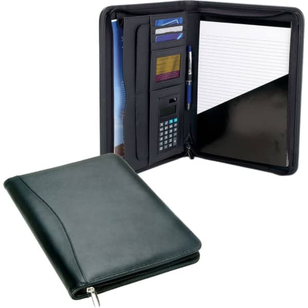 A green leather A4 compendium featuring a calculator, card slots, a pen holder, and a notepad section.