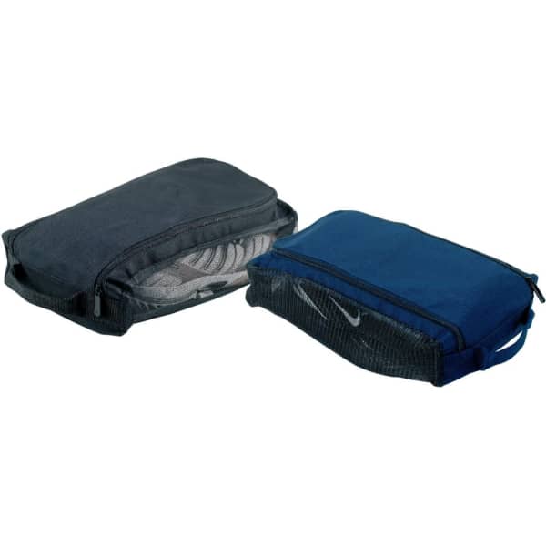 Two shoe carrier bags are displayed, one in black and the other in navy, both with zippers and a mesh design.