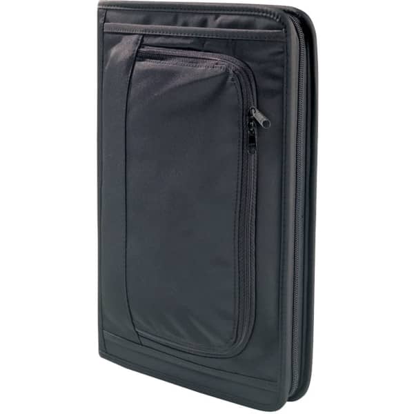 A black microfibre compendium with a zippered pocket and smooth finish, suitable for office and business use.