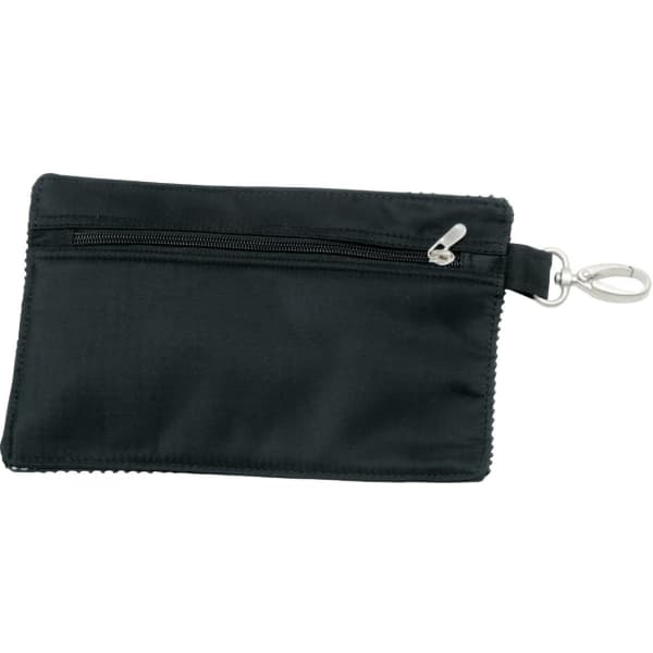 A black travel accessories bag with a zippered compartment and a metal clip for attachment.