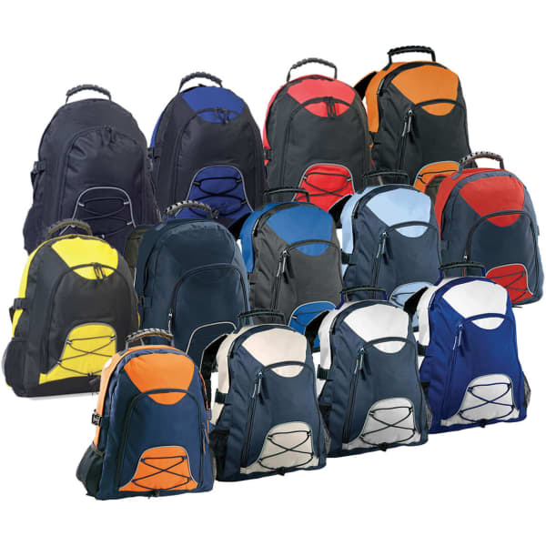 A collection of Kuza backpacks in various colours, including black, blue, grey, orange, and yellow, featuring a logo on each.
