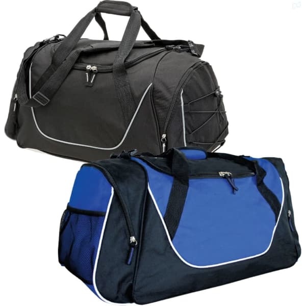 A black and blue duffle bag featuring multiple zippered compartments and a logo. It has both handles and a shoulder strap.