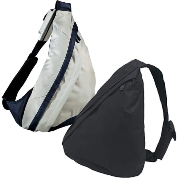 A grey and black sling backpack with a crossbody design, featuring adjustable straps and a logo.