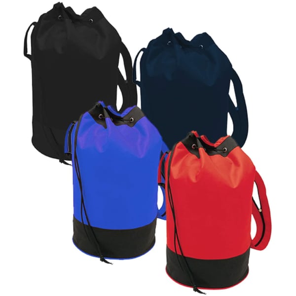 A collection of duffle bags in black, navy, red, and blue, featuring drawstring closures and side straps.