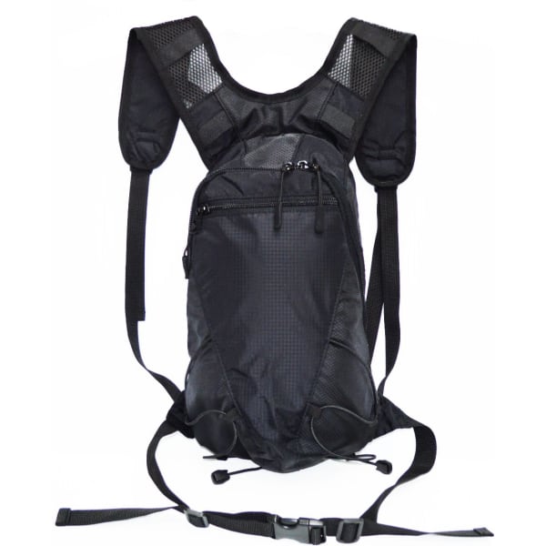 A black hydration backpack with adjustable straps and a front pocket, featuring a logo.