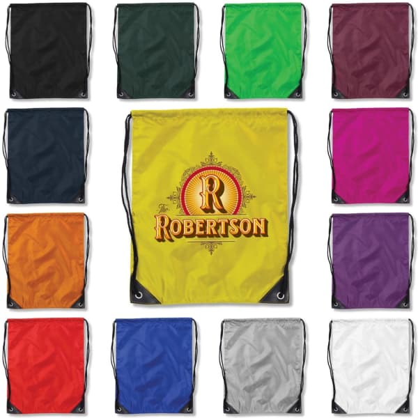 A collection of drawstring bags in various colours including yellow, green, black, purple, and white, each with a logo.