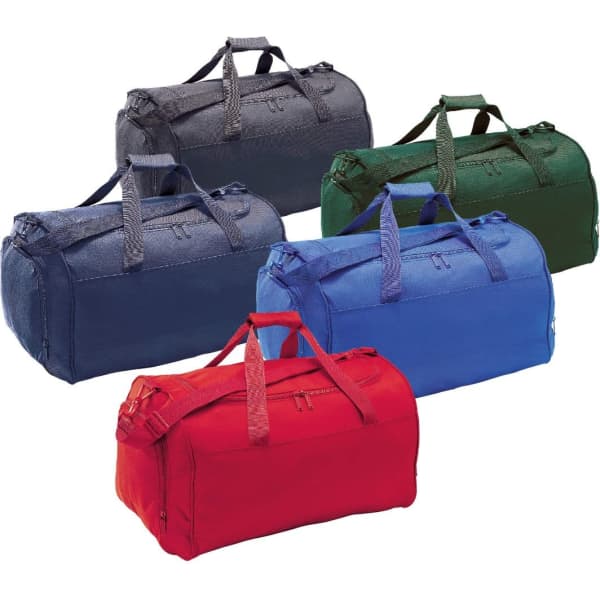 A collection of duffle bags in grey, green, blue, red, and navy, each featuring handles and a logo.