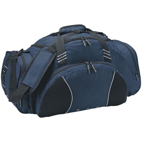 A dark blue travel sports bag with multiple compartments and a shoulder strap, featuring a logo on the side.