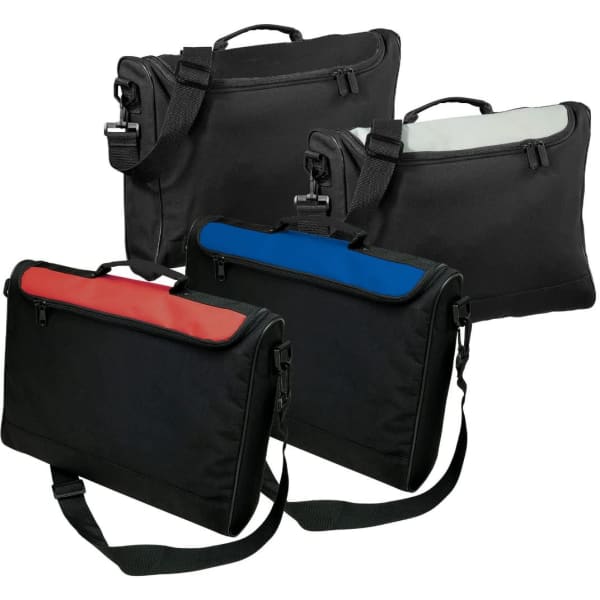 A set of seminar bags in black with red and blue accents, featuring adjustable straps and zippered closures.