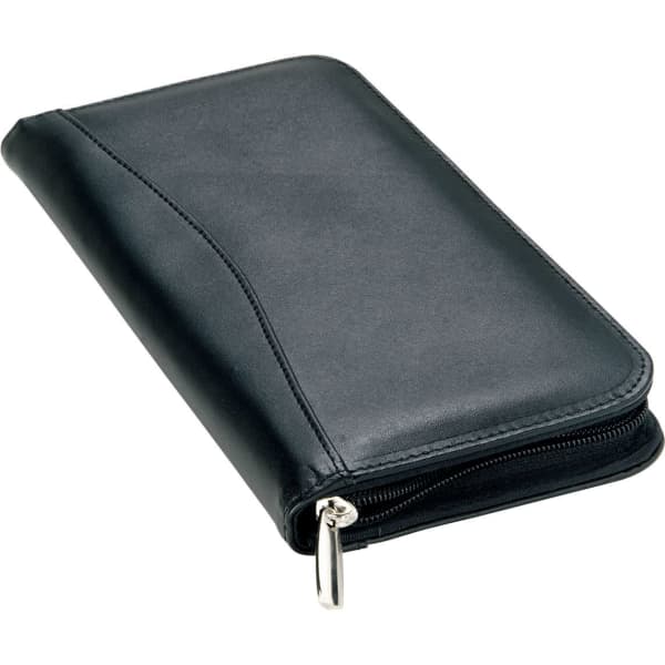A black bonded leather travel wallet with a zip closure and a sleek design. It features a branding logo.