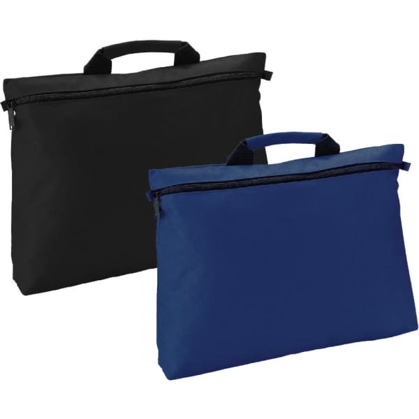 A black and a blue satchel with zip closures and top handles, featuring a logo.