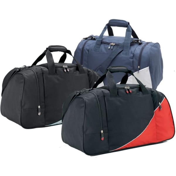 A set of three duffle bags in navy, black, and black with red accents, each featuring handles and zippers.