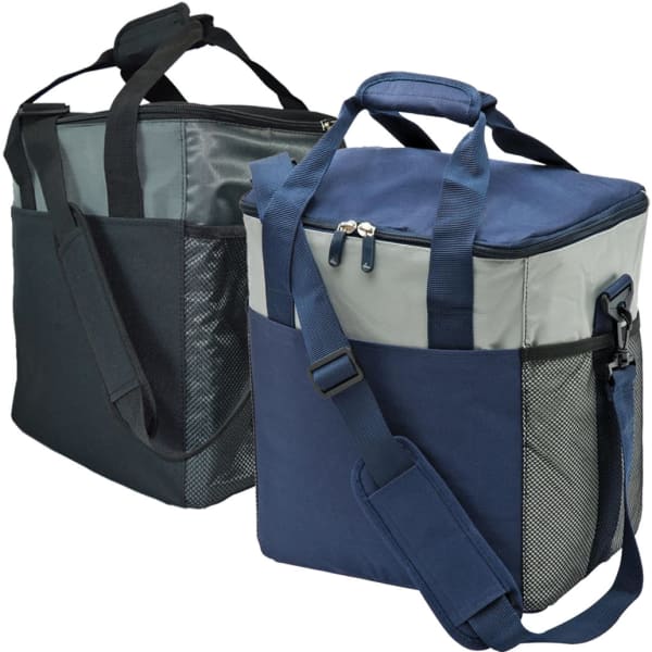 A large cooler bag in navy and grey, with two handles and a removable shoulder strap. It features a mesh pocket.