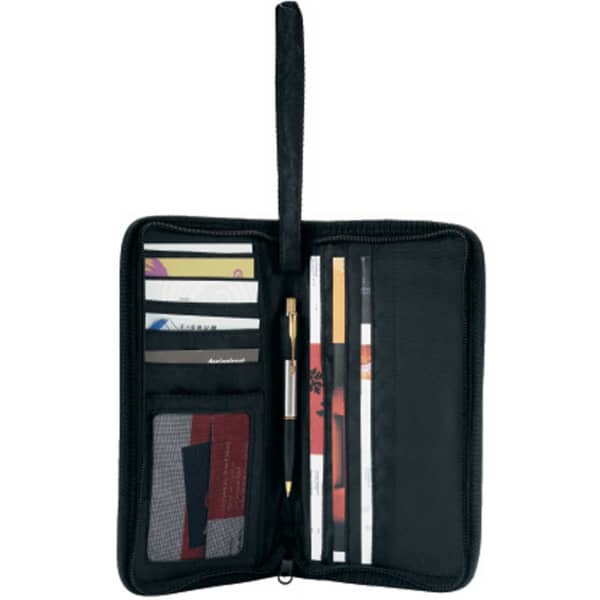 A black travel wallet featuring compartments for cards, documents, and a pen. It includes an exterior handle and a logo.