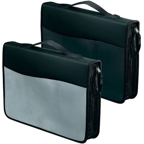 A black and silver briefcase compendium with a handle and zippered compartments, featuring a logo on the front.