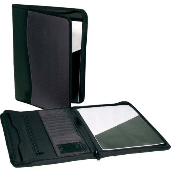 A black Zip A4 Compendium features an open layout with a document sleeve and multiple pockets, including a logo.