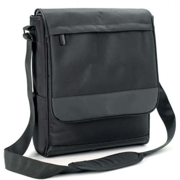 A drink bottle cooler bag in black, featuring a shoulder strap and front pocket. Includes a logo.
