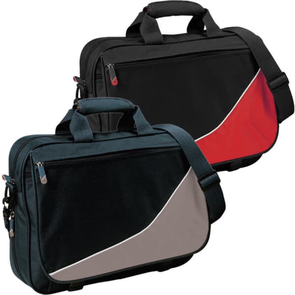 A satchel bag featuring a black base with red and grey accents, equipped with dual handles and an adjustable shoulder strap.