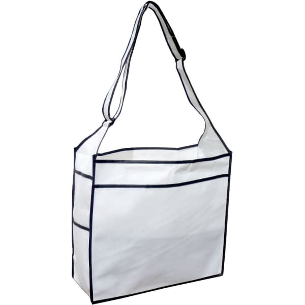 A white non-woven shoulder bag with navy blue trim and a single shoulder strap, featuring multiple pockets.