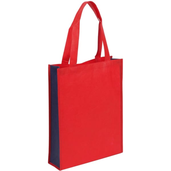 A red and navy blue non-woven A4 tote bag with dual handles and a simple design. It features a logo on the front.