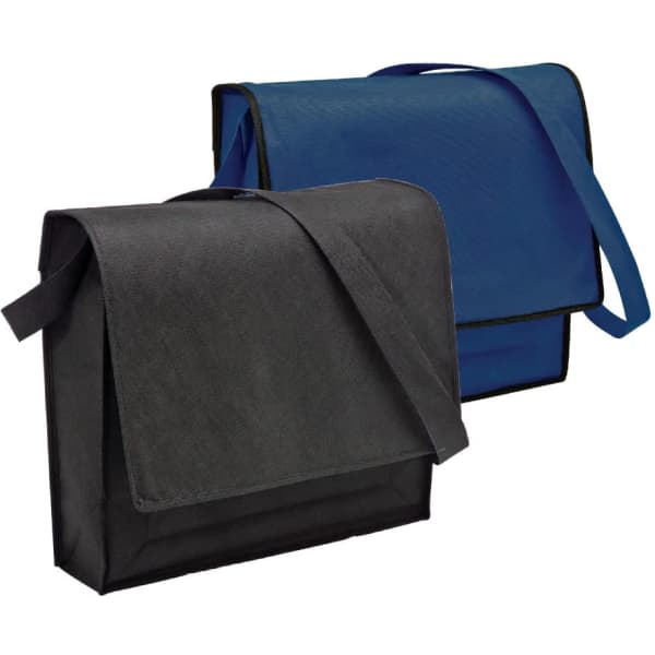 Two non-woven satchels in black and blue, featuring adjustable straps and a simple design. Each has a logo.