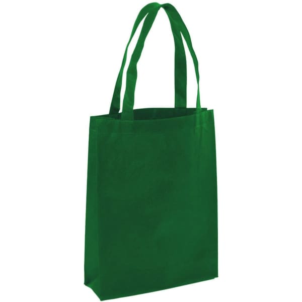 A green non-woven A4 tote bag with two sturdy handles and a simple design. It features a branding logo.
