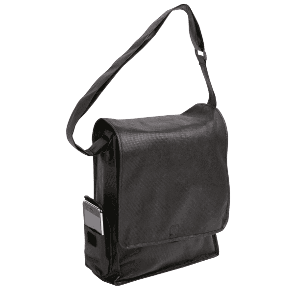 A black non-woven vertical satchel with a long shoulder strap and a side pocket for a smartphone.