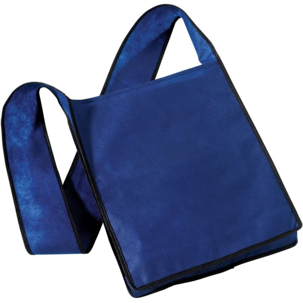 A blue non-woven sling bag with black trim, featuring a sling-style design and a logo.