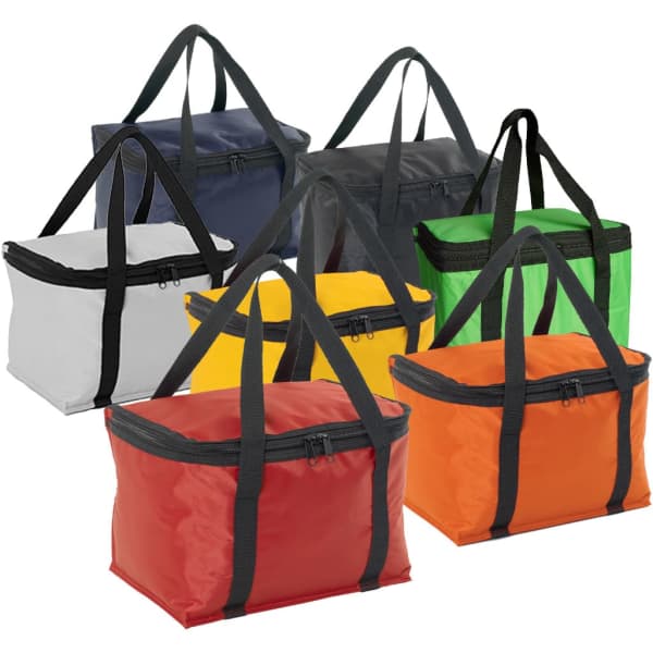 A range of cooler bags in various colours, including red, orange, yellow, green, grey, navy, and black, with handles.