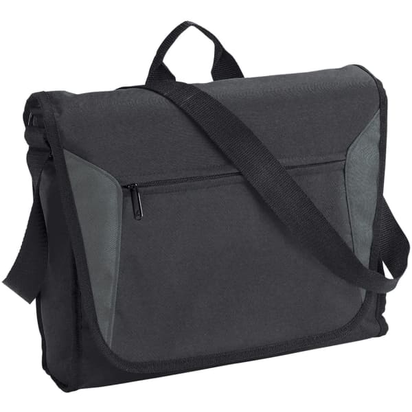 A black satchel bag with a front zipper pocket and a shoulder strap, featuring a subtle logo on the side.