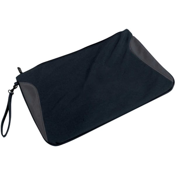 A black folio with a wrist strap, featuring textured panels for added style. Suitable for holding documents and devices.