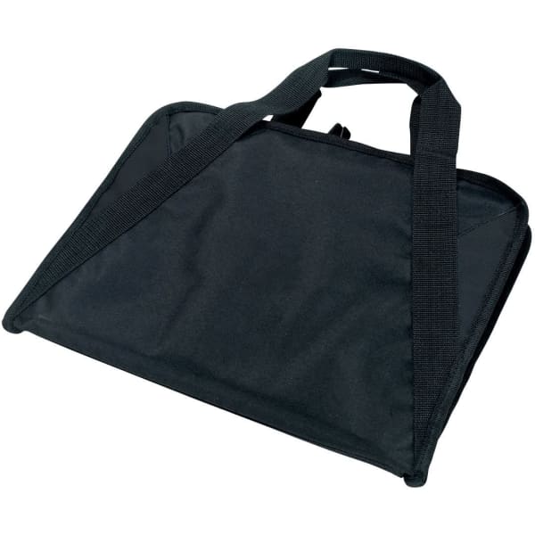 A black satchel with a flat design and two carrying straps, featuring a logo on the front.