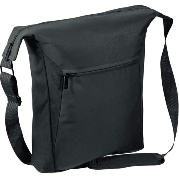 A black cooler bag with a shoulder strap and a front zip pocket, featuring a logo.